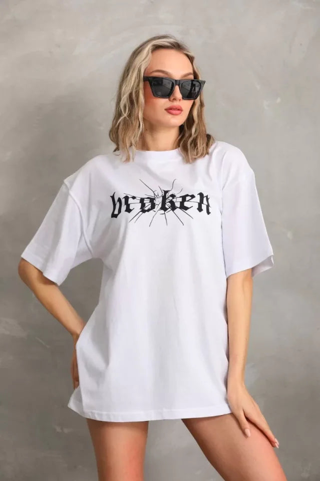 Unisex Baskılı Oversize T-Shirt - Beyaz (96248)