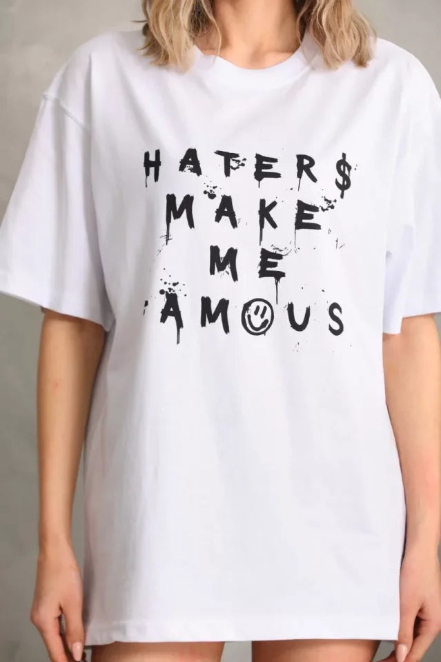 Unisex Baskılı Oversize T-Shirt - Beyaz (96249)