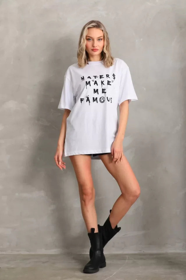Unisex Baskılı Oversize T-Shirt - Beyaz (96249)