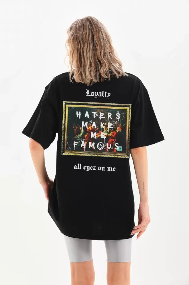 Unisex Baskılı Oversize T-Shirt - Siyah (96250)