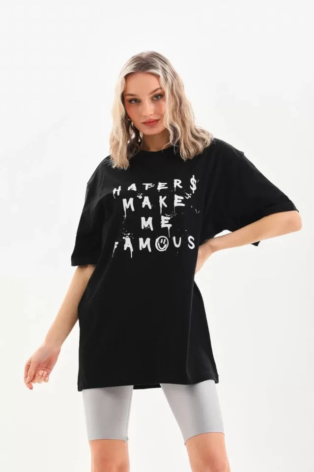 Unisex Baskılı Oversize T-Shirt - Siyah (96250)