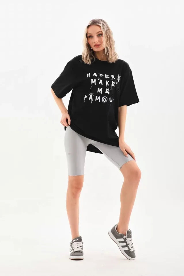 Unisex Baskılı Oversize T-Shirt - Siyah (96250)
