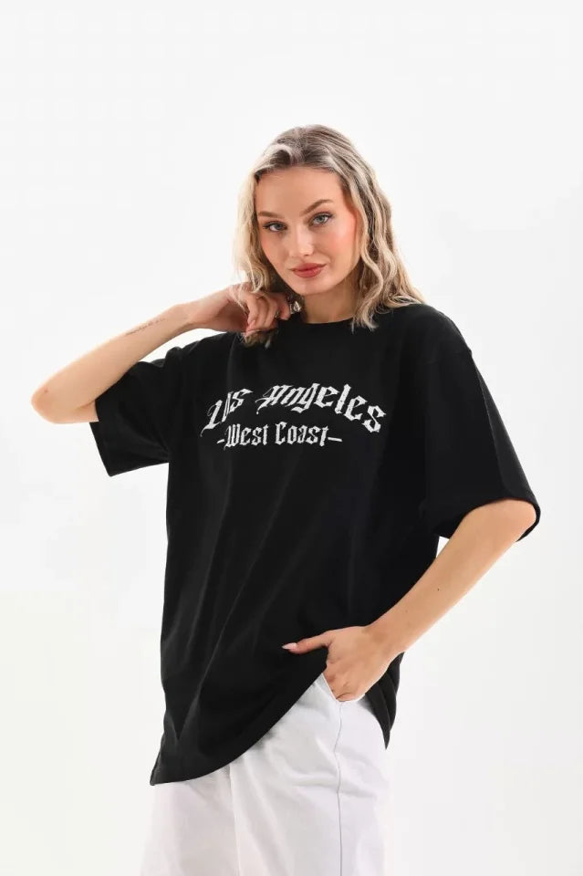 Unisex Baskılı Oversize T-Shirt - Siyah (96251)