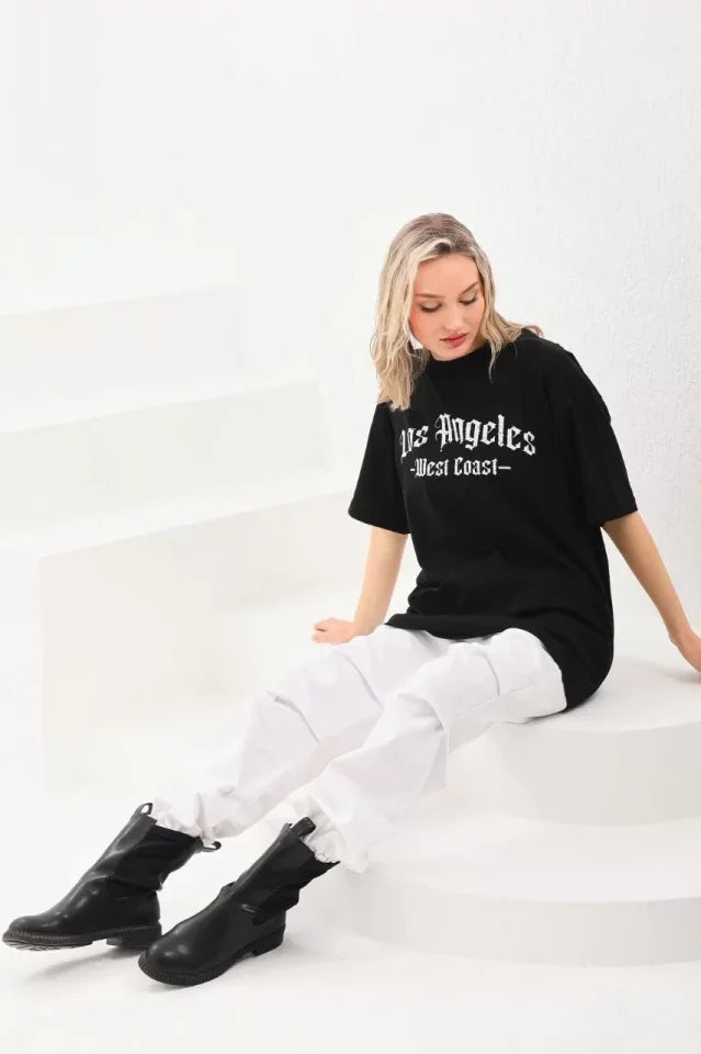 Unisex Baskılı Oversize T-Shirt - Siyah (96251)