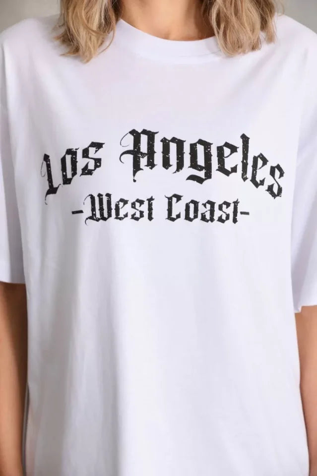 Unisex Baskılı Oversize T-Shirt - Beyaz (96252)