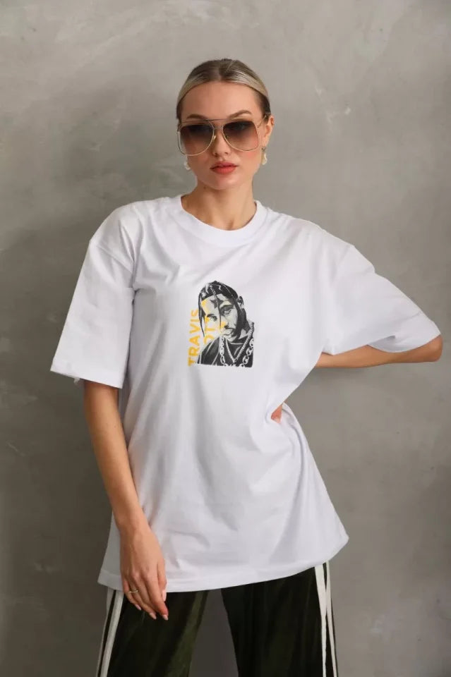 Unisex Baskılı Oversize T-Shirt - Beyaz (96307)