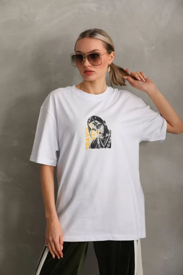 Unisex Baskılı Oversize T-Shirt - Beyaz (96307)