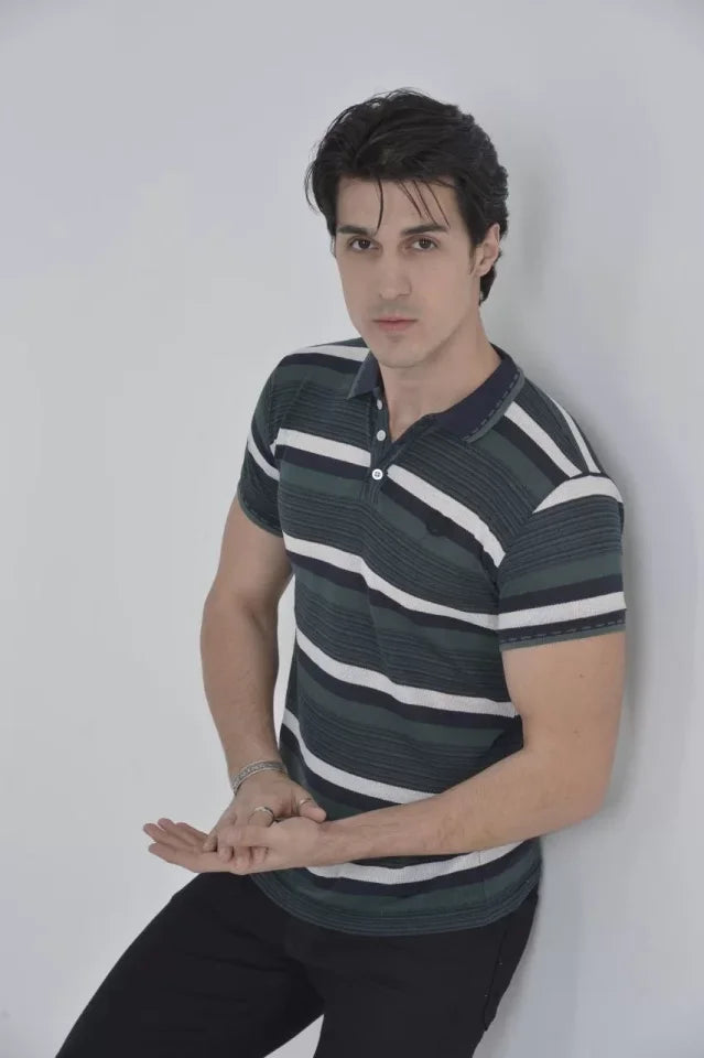 Erkek Yakalı Slim Fit Dokuma Çizgili T-Shirt - Haki (97365)