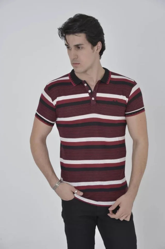 Erkek Yakalı Slim Fit Dokuma Çizgili T-Shirt - Bordo (97366)