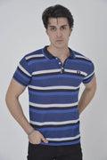 Erkek Yakalı Slim Fit Dokuma Çizgili T-Shirt - Mavi (97367)