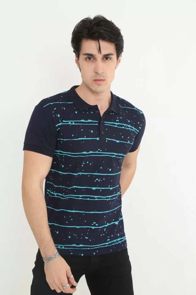 Erkek Yakalı Slim Fit Pike Çizgili T-Shirt - Lacivert (97380)
