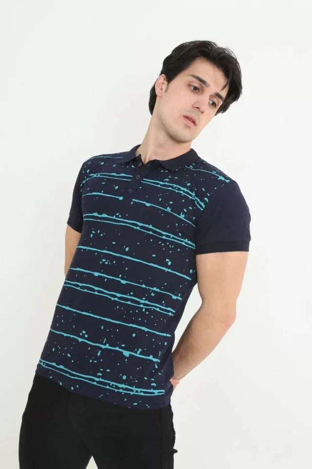 Erkek Yakalı Slim Fit Pike Çizgili T-Shirt - Lacivert (97380)