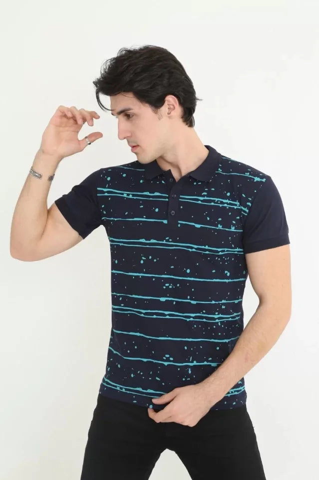 Erkek Yakalı Slim Fit Pike Çizgili T-Shirt - Lacivert (97380)