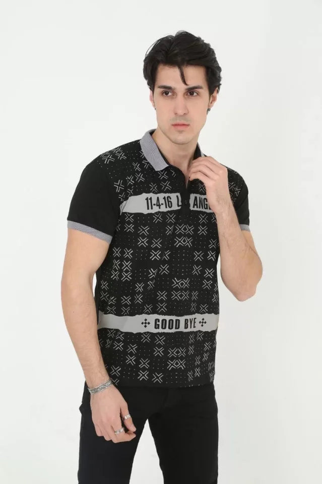 Erkek Yakalı Slim Fit Baskılı T-Shirt - Siyah (97385)