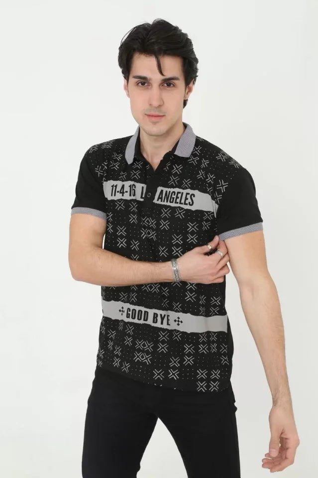 Erkek Yakalı Slim Fit Baskılı T-Shirt - Siyah (97385)