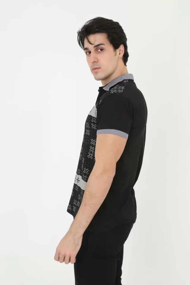 Erkek Yakalı Slim Fit Baskılı T-Shirt - Siyah (97385)