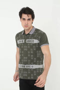 Erkek Yakalı Slim Fit Baskılı T-Shirt - Haki (97386)