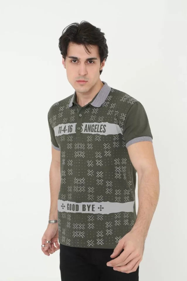 Erkek Yakalı Slim Fit Baskılı T-Shirt - Haki (97386)