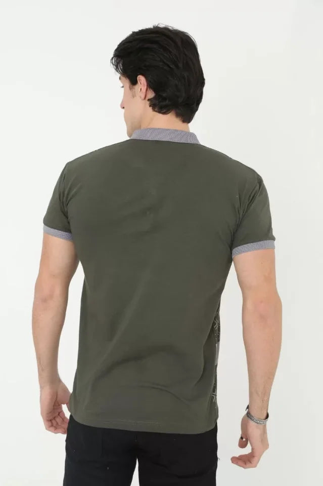 Erkek Yakalı Slim Fit Baskılı T-Shirt - Haki (97386)