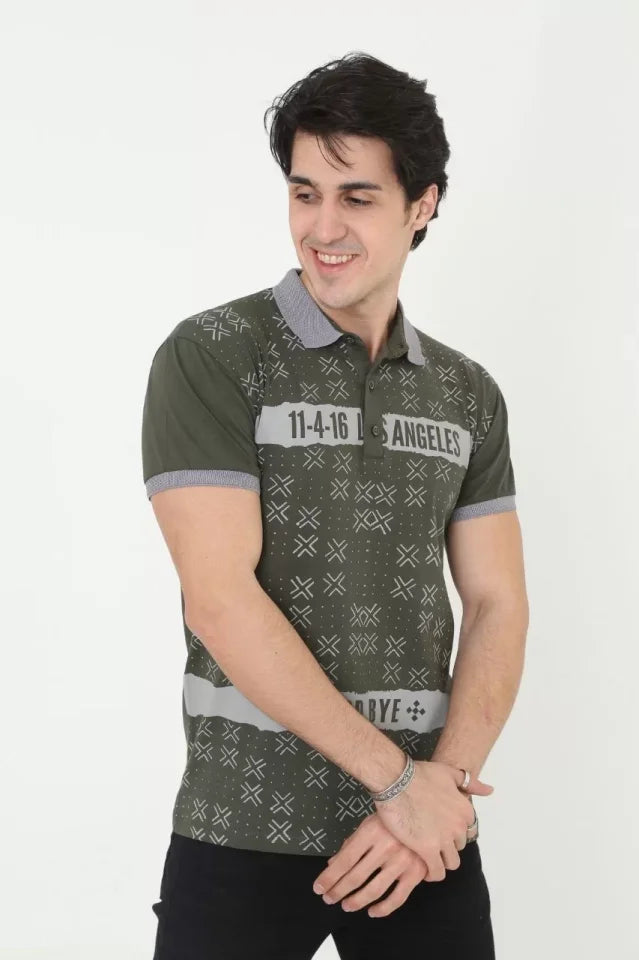 Erkek Yakalı Slim Fit Baskılı T-Shirt - Haki (97386)