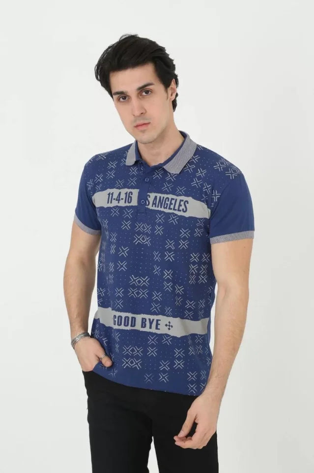 Erkek Yakalı Slim Fit Baskılı T-Shirt - Mavi (97388)