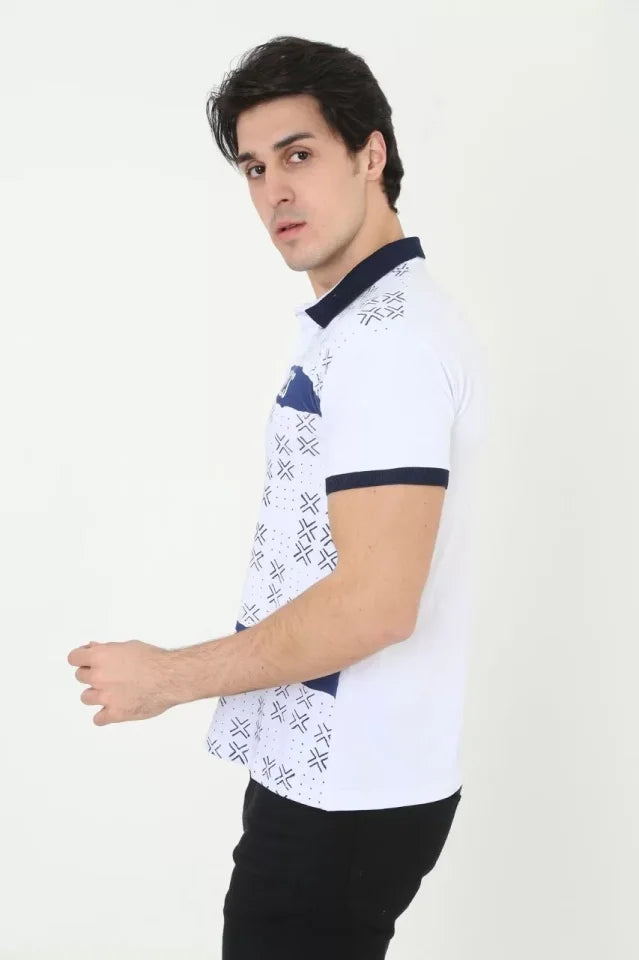 Erkek Yakalı Slim Fit Baskılı T-Shirt - Beyaz (97389)