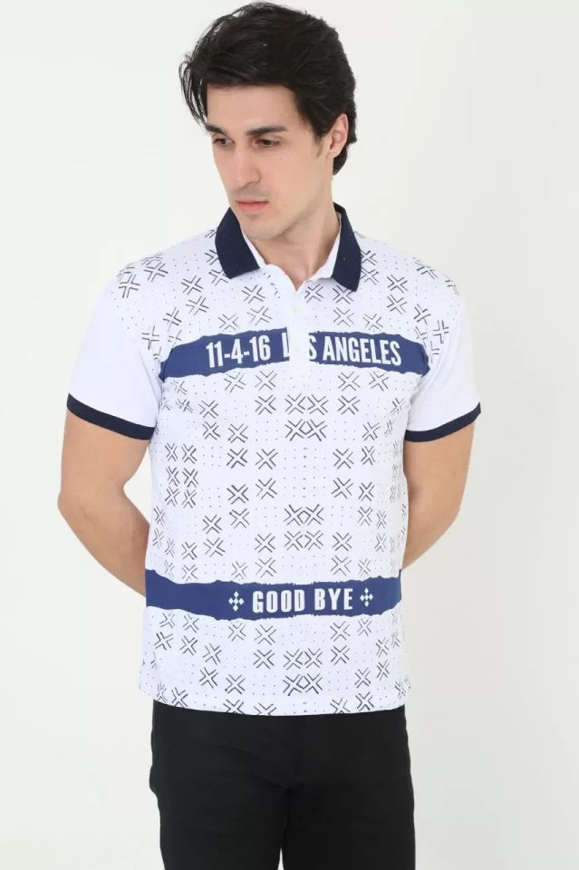 Erkek Yakalı Slim Fit Baskılı T-Shirt - Beyaz (97389)