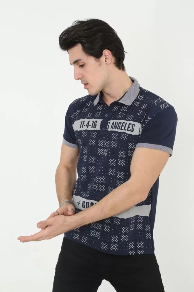 Erkek Yakalı Slim Fit Baskılı T-Shirt - Lacivert (97390)