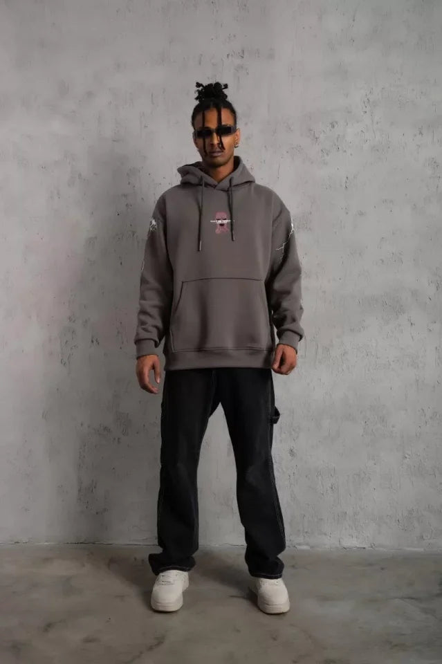 Erkek Maske Baskılı Kapüşonlu Sweat - Gri (97908)