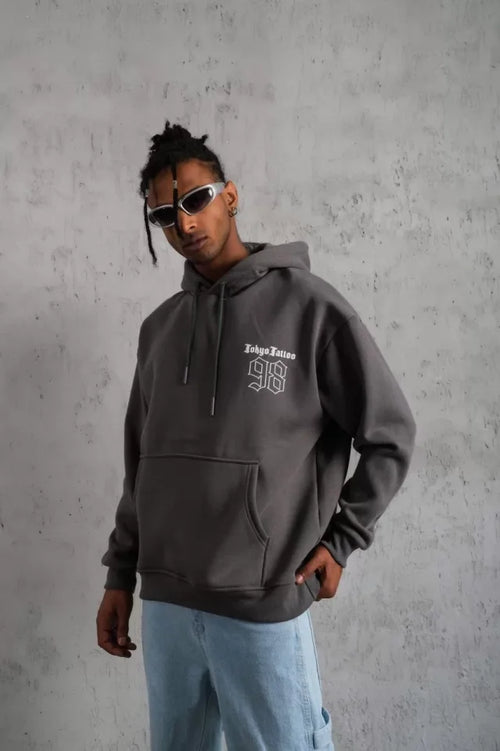 Erkek 98 Baskılı Kapşonlu Sweat - Gri (97914)
