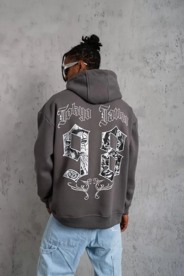 Erkek 98 Baskılı Kapşonlu Sweat - Gri (97914)