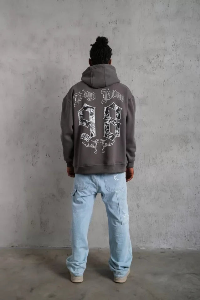 Erkek 98 Baskılı Kapşonlu Sweat - Gri (97914)