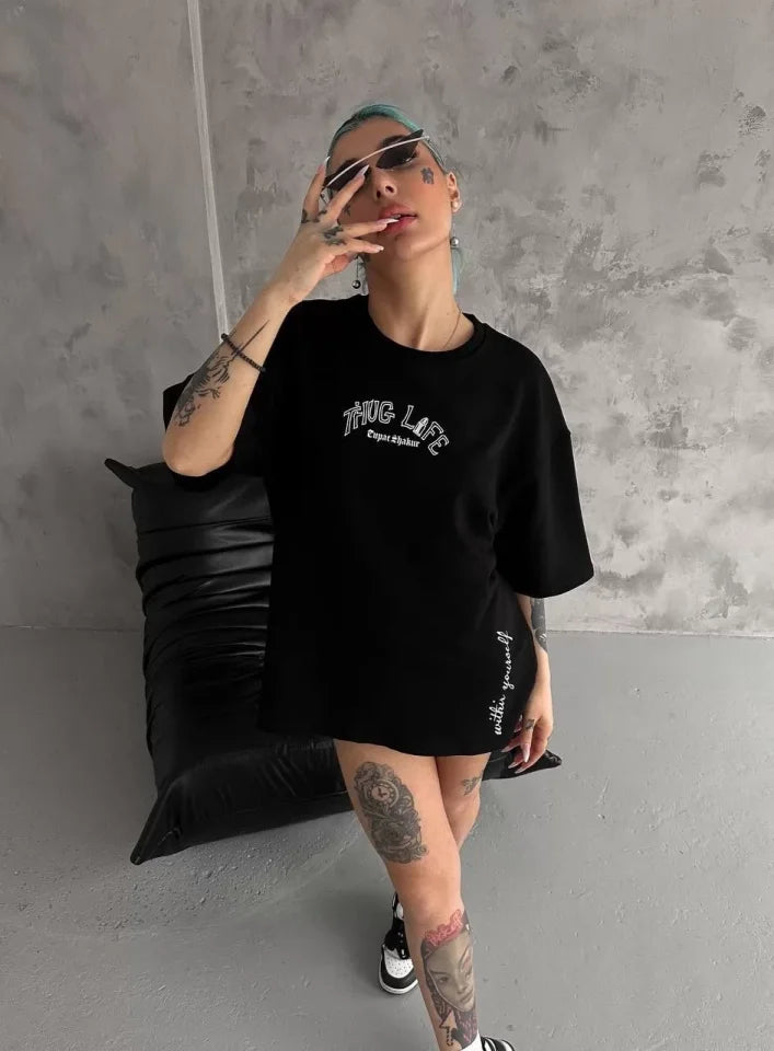 Unisex Baskılı Oversize T-Shirt - Siyah (98300)