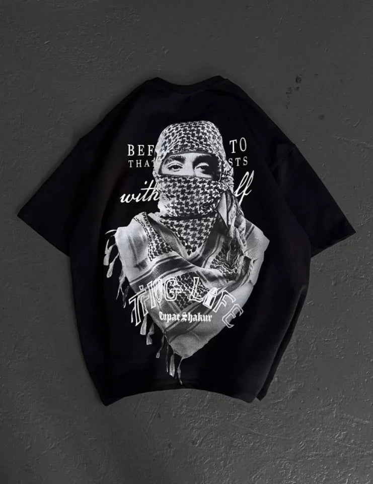 Unisex Baskılı Oversize T-Shirt - Siyah (98300)