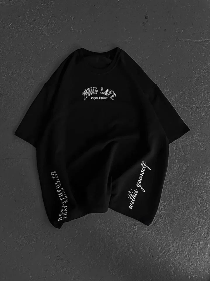 Unisex Baskılı Oversize T-Shirt - Siyah (98300)
