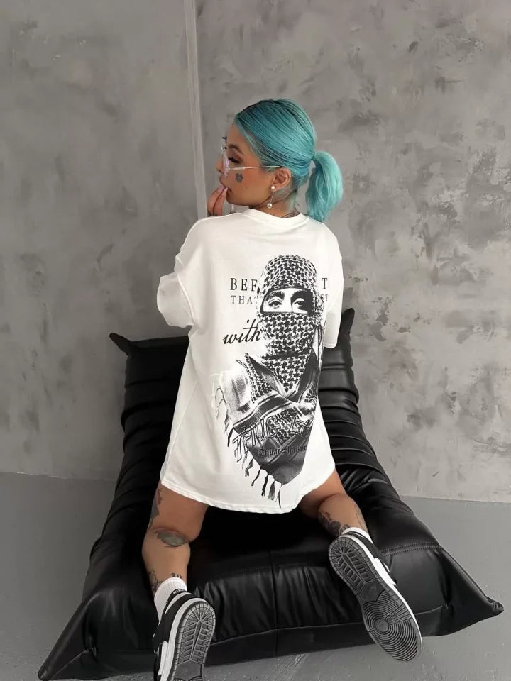 Unisex Baskılı Oversize T-Shirt - Beyaz (98301)