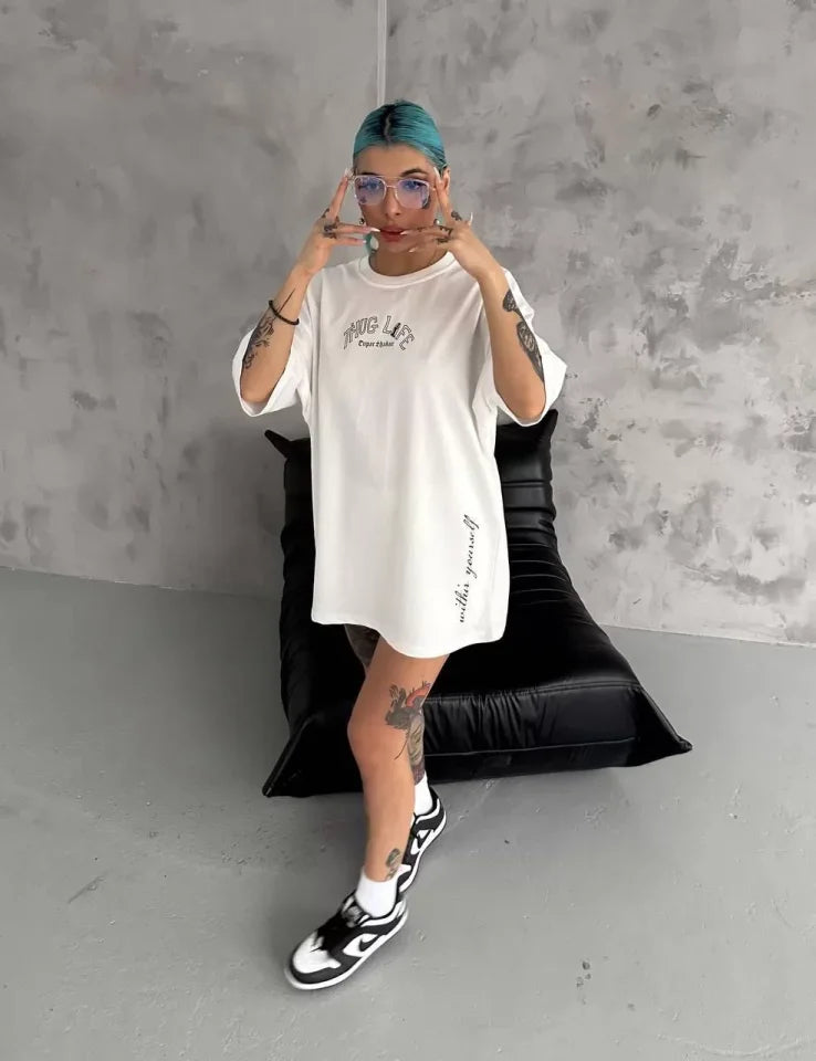 Unisex Baskılı Oversize T-Shirt - Beyaz (98301)