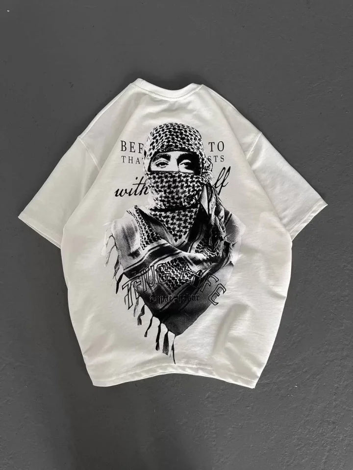 Unisex Baskılı Oversize T-Shirt - Beyaz (98301)