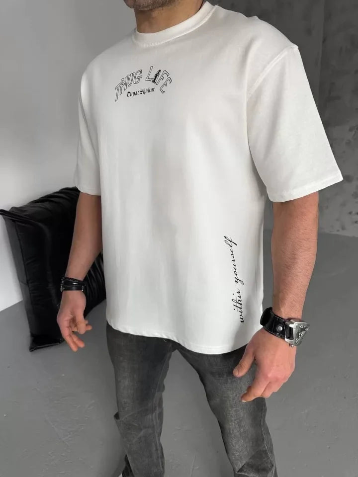 Unisex Baskılı Oversize T-Shirt - Beyaz (98302)