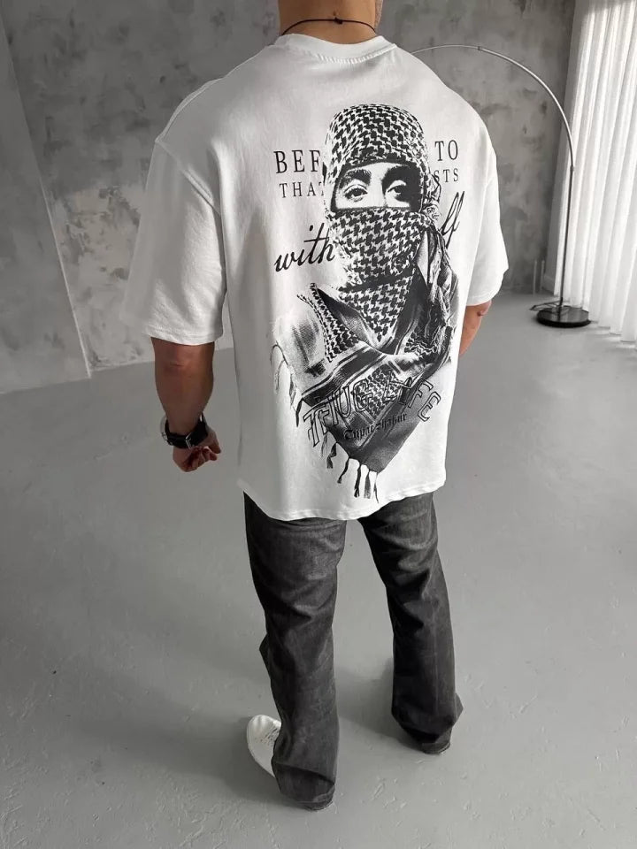 Unisex Baskılı Oversize T-Shirt - Beyaz (98302)