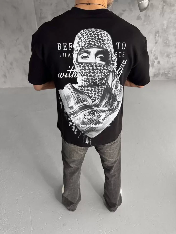 Unisex Baskılı Oversize T-Shirt - Siyah (98303)