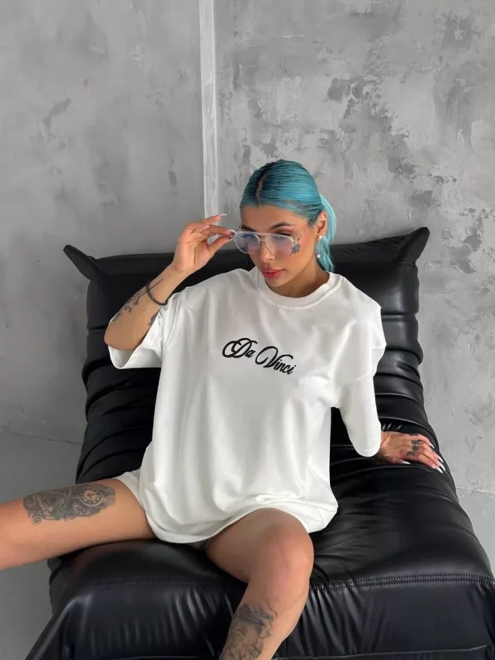 Unisex Baskılı Oversize T-Shirt - Beyaz (98309)