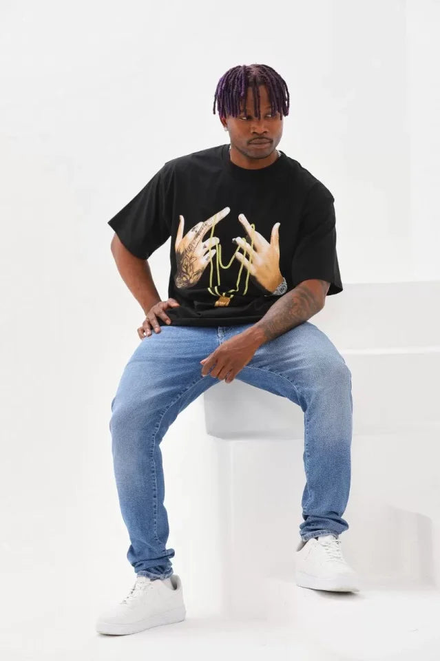 Unisex Baskılı Oversize T-Shirt - Siyah (98646)