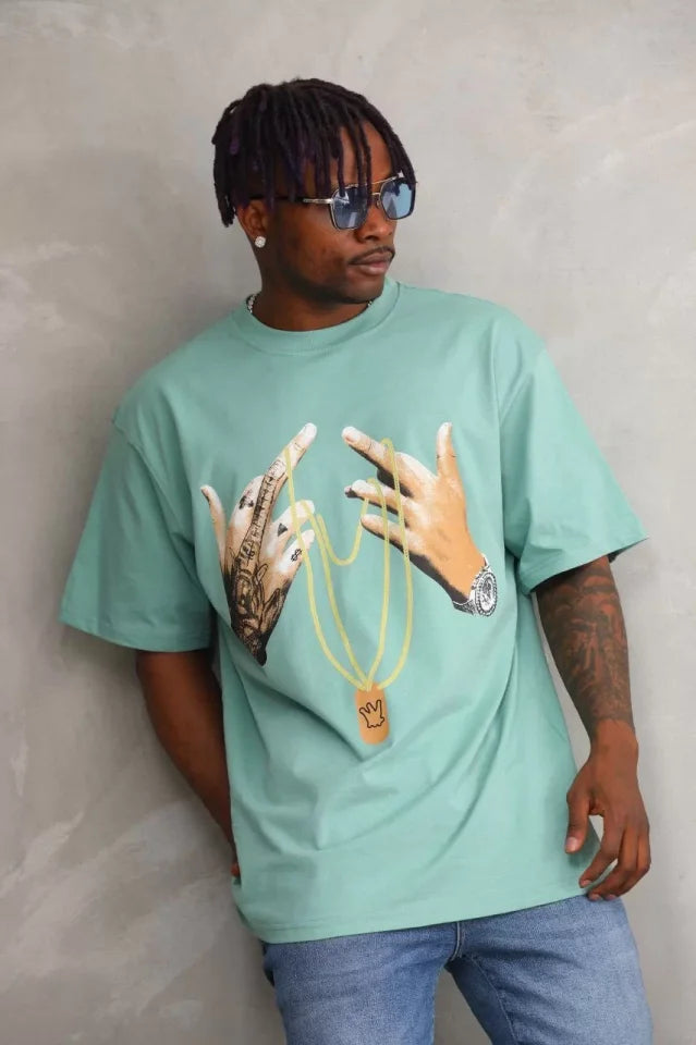 Unisex Baskılı Oversize T-Shirt - Mint Yeşili (98648)