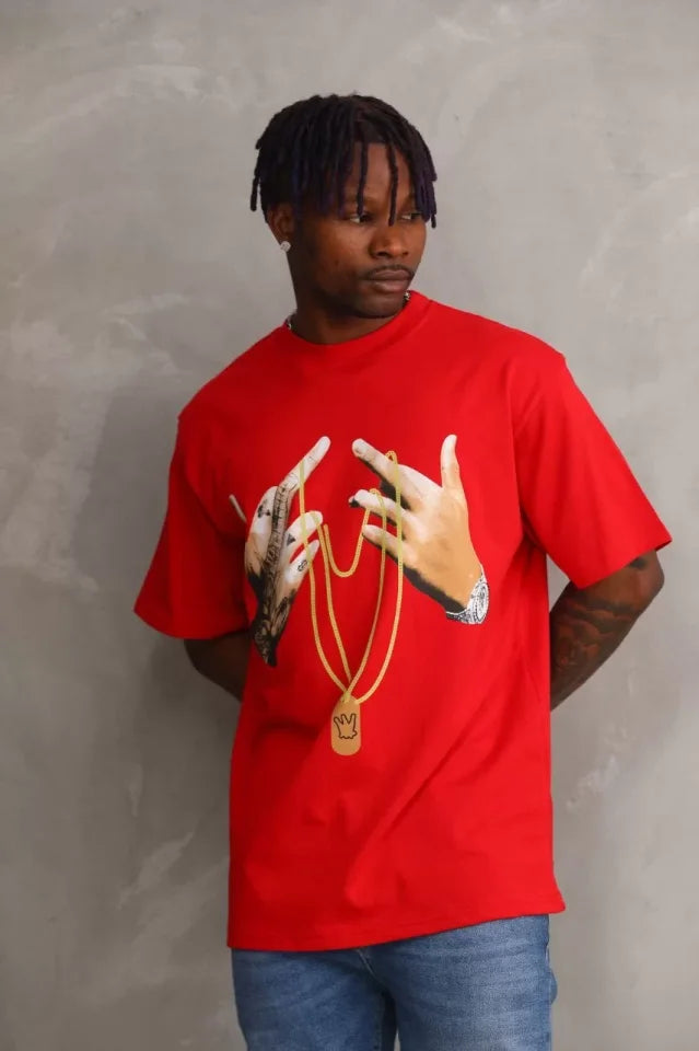 Unisex Baskılı Oversize T-Shirt - Kırmızı (98649)