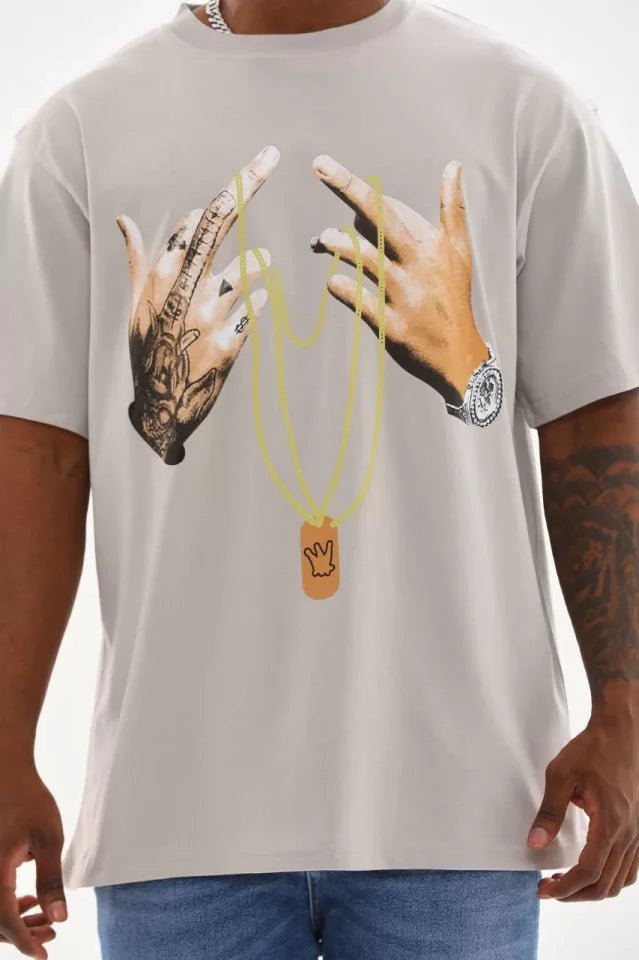 Unisex Baskılı Oversize T-Shirt - Gri (98650)