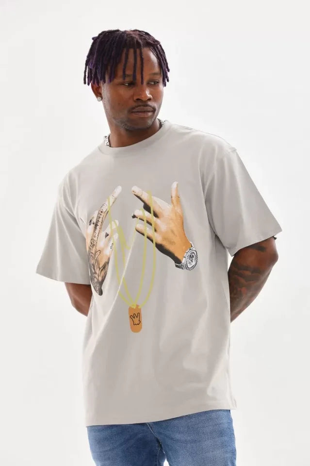Unisex Baskılı Oversize T-Shirt - Gri (98650)
