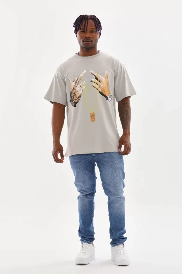 Unisex Baskılı Oversize T-Shirt - Gri (98650)