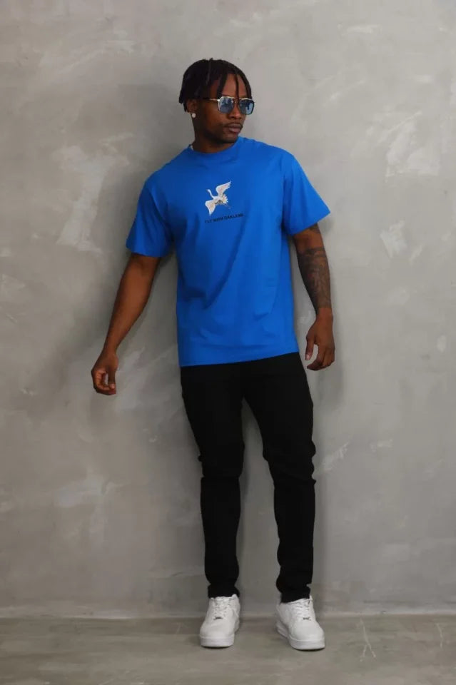 Unisex Baskılı Oversize T-Shirt - Mavi (98651)