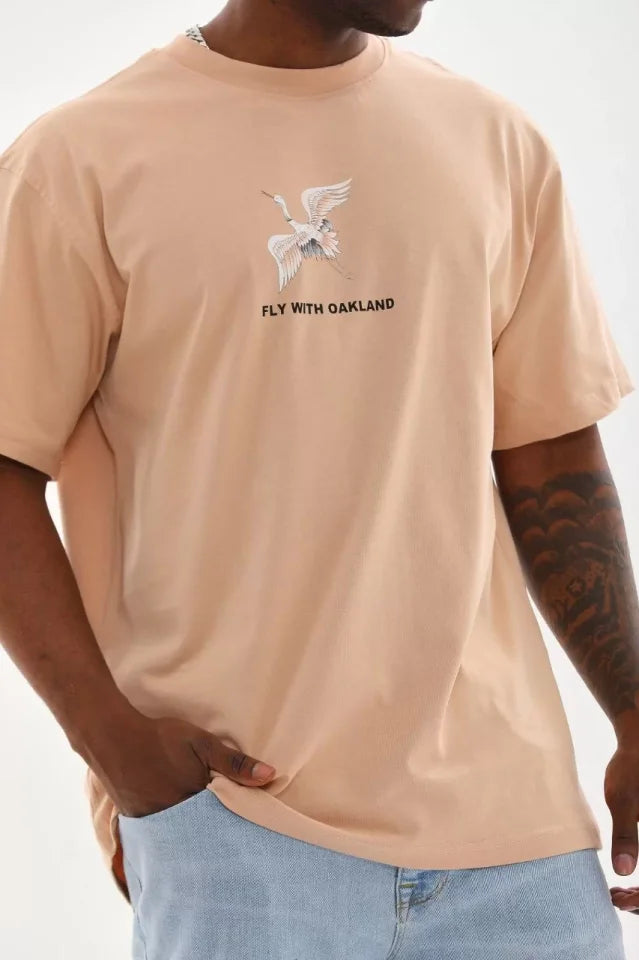 Unisex Baskılı Oversize T-Shirt - Bej (98652)